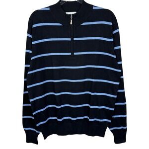 Peter Millar Sweater Mens Medium Quarter Zip‎ Navy Light Blue Stripe Silk Cotton